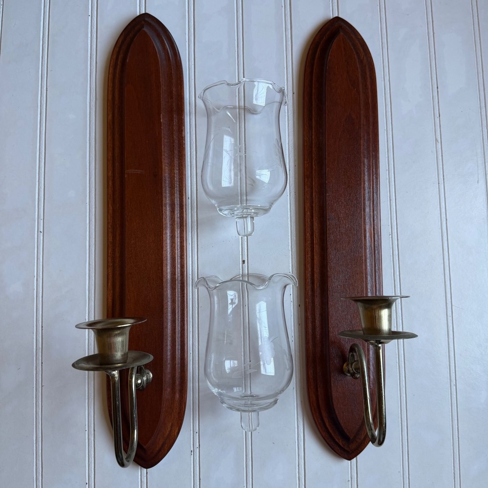 Vintage Home Interiors Wood Wall Sconce Pair Etched Glass Hurricane Globe